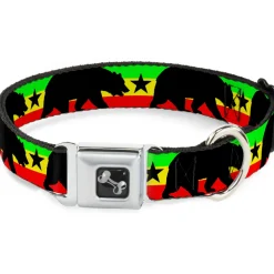 Dog Bone Seatbelt Buckle Collar - Cali Bear/Star Silhouette Rasta/Black