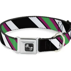 Dog Bone Seatbelt Buckle Collar - Diagonal Stripes Black/White/Pink/Green