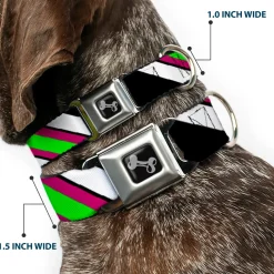 Dog Bone Seatbelt Buckle Collar - Diagonal Stripes Black/White/Pink/Green