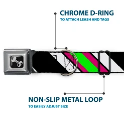 Dog Bone Seatbelt Buckle Collar - Diagonal Stripes Black/White/Pink/Green