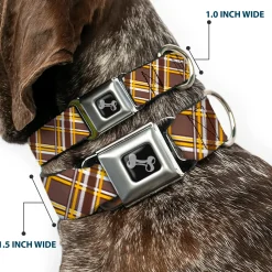 Dog Bone Seatbelt Buckle Collar - Plaid X Brown/White/Gold