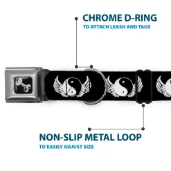 Dog Bone Seatbelt Buckle Collar - Yin Yang w/Wings Black/White