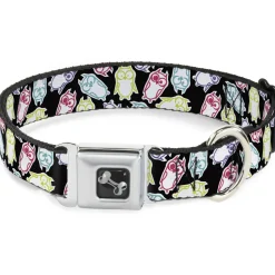 Dog Bone Seatbelt Buckle Collar - Owl Sketch Black/White/Multi Color