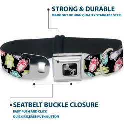 Dog Bone Seatbelt Buckle Collar - Owl Sketch Black/White/Multi Color