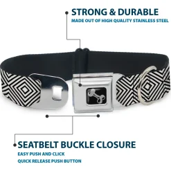 Dog Bone Seatbelt Buckle Collar - Square Lines White/Black