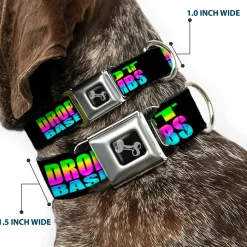 Dog Bone Seatbelt Buckle Collar - DROP BASS NOT BOMBS Black/Rainbow