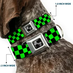 Dog Bone Seatbelt Buckle Collar - Checker Black/Neon Green