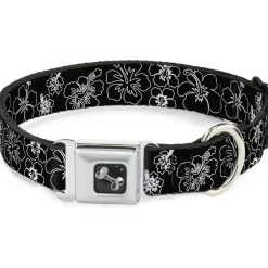 Dog Bone Seatbelt Buckle Collar - Hibiscus Outline Black/White