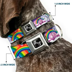 Dog Bone Seatbelt Buckle Collar - Unicorns in Rainbows w/Sparkles/Purple