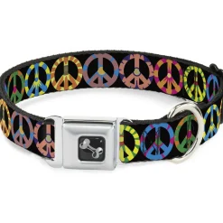 Dog Bone Seatbelt Buckle Collar - Peace Flowers Black/Multi Color