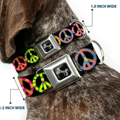 Dog Bone Seatbelt Buckle Collar - Peace Flowers Black/Multi Color