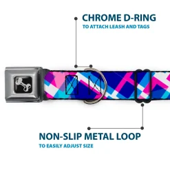 Dog Bone Seatbelt Buckle Collar - Squares Stacked Blues/Pinks/Purples