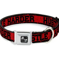 Dog Bone Seatbelt Buckle Collar - HUSTLE HARDER/Stripes Weathered Red/Black