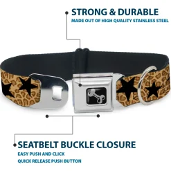 Dog Bone Seatbelt Buckle Collar - Cheetah/Stars Tan/Black