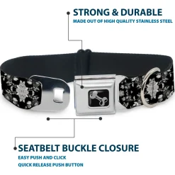 Dog Bone Seatbelt Buckle Collar - Floral Collage Black/Gray/White