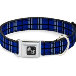 Dog Bone Seatbelt Buckle Collar - Plaid Blue/Gray/Black