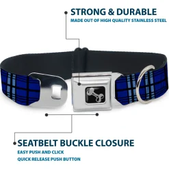 Dog Bone Seatbelt Buckle Collar - Plaid Blue/Gray/Black