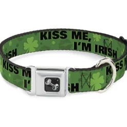 Dog Bone Seatbelt Buckle Collar - KISS ME, I'M IRISH! Clovers/Kisses Greens/Black