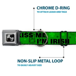Dog Bone Seatbelt Buckle Collar - KISS ME, I'M IRISH! Clovers/Kisses Greens/Black