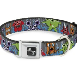 Dog Bone Seatbelt Buckle Collar - Cute Monsters Gray/Flame Blue