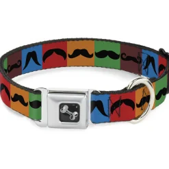 Dog Bone Seatbelt Buckle Collar - Mustaches Multi Color Blocks/Black