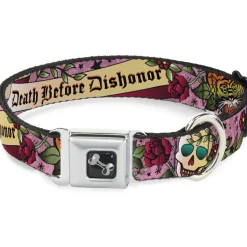 Dog Bone Seatbelt Buckle Collar - Death Before Dishonor Pink