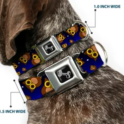 Dog Bone Seatbelt Buckle Collar - Owls Scattered Black/Blue-Fade/Yellow