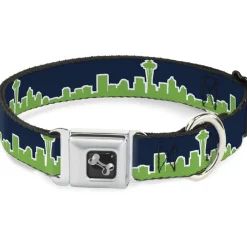 Dog Bone Seatbelt Buckle Collar - Seattle Skyline Navy/Lime Green
