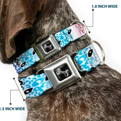 Dog Bone Seatbelt Buckle Collar - Leopard White/Pinks/Blues/Black