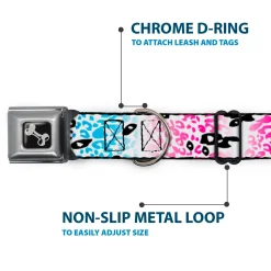 Dog Bone Seatbelt Buckle Collar - Leopard White/Pinks/Blues/Black