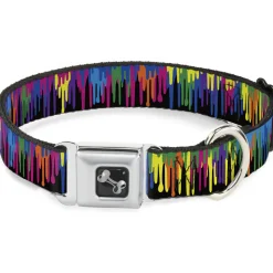 Dog Bone Seatbelt Buckle Collar - Paint Drips Black/Multi Neon