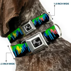 Dog Bone Seatbelt Buckle Collar - Paint Drips Black/Multi Neon
