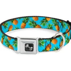 Dog Bone Seatbelt Buckle Collar - Vivid Pineapples Scattered Blue