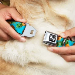 Dog Bone Seatbelt Buckle Collar - Vivid Pineapples Scattered Blue