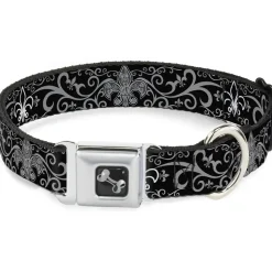 Dog Bone Seatbelt Buckle Collar - Fleur-de-Lis w/Filigree Black/Gray