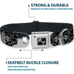 Dog Bone Seatbelt Buckle Collar - Fleur-de-Lis w/Filigree Black/Gray