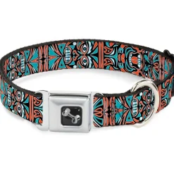 Dog Bone Seatbelt Buckle Collar - Totem Carvings Black/White/Orange/Turquoise