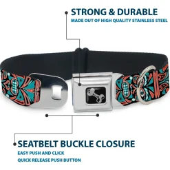 Dog Bone Seatbelt Buckle Collar - Totem Carvings Black/White/Orange/Turquoise