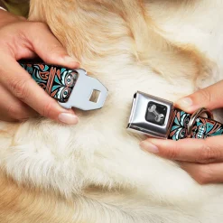 Dog Bone Seatbelt Buckle Collar - Totem Carvings Black/White/Orange/Turquoise