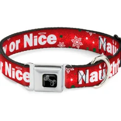 Dog Bone Seatbelt Buckle Collar - Christmas NAUGHTY OR NICE/Snowflakes Reds/White/Green