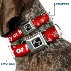 Dog Bone Seatbelt Buckle Collar - Christmas NAUGHTY OR NICE/Snowflakes Reds/White/Green