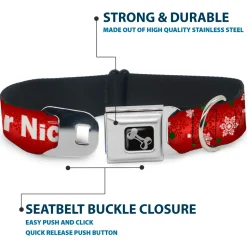 Dog Bone Seatbelt Buckle Collar - Christmas NAUGHTY OR NICE/Snowflakes Reds/White/Green
