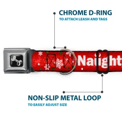 Dog Bone Seatbelt Buckle Collar - Christmas NAUGHTY OR NICE/Snowflakes Reds/White/Green