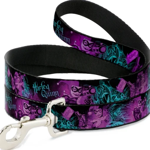 Dog Leash - HARLEY QUINN Pow & Aiming Poses/Joker Sketch Black/Turquoise/Fuchsia