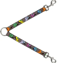 Dog Leash Splitter - Cute Dinosaurs w/Mustaches Gray