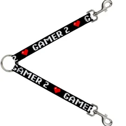 Dog Leash Splitter - GAMER 2/Heart 8-Bit Black/White/Red