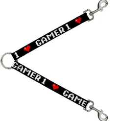 Dog Leash Splitter - GAMER 1/Heart 8-Bit Black/White/Red