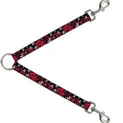 Dog Leash Splitter - Love Me w/Sketch Stars & Checkers Black/Fuchsia/White