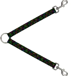 Dog Leash Splitter - Mushroom Outline Scattered Black Multi Neon