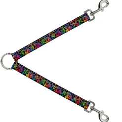 Dog Leash Splitter - Peace Hearts Stacked Black/Neon